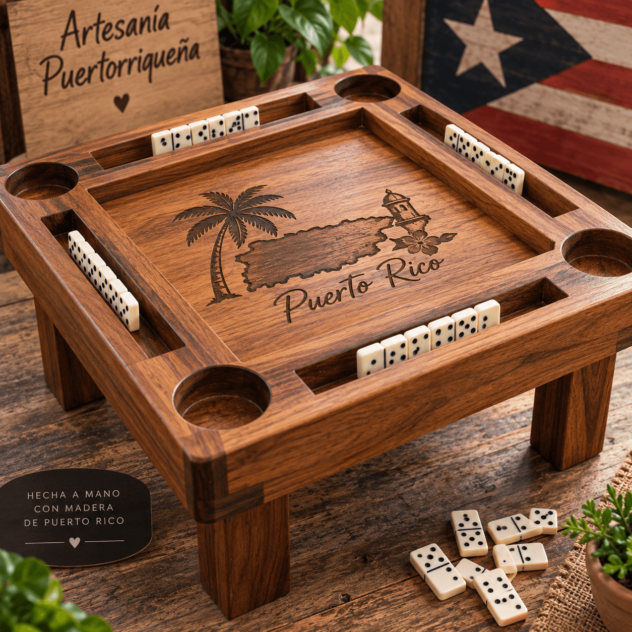 Mesa de Dominó Artesanal en Madera – Hecha a Mano en Puerto Rico
